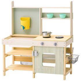 Mud Kitchen for Kids, Wooden Toy Play Kitchen Set, Outdoor Toddler Grocery Store Playset, Pretend Play Kitchen with Stoves, Tank, Faucet, Storage