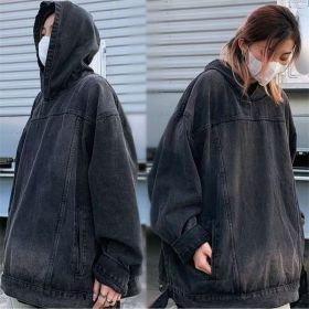 Men's Fashion Retro Hooded Denim Jacket Top (Option: Black-M)