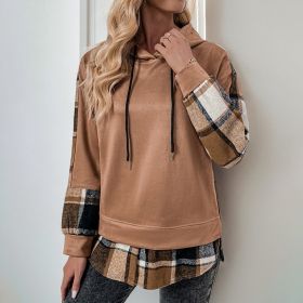 European And American Long Sleeve Plaid Colorblock Hooded Velvet Padded Sweater (Option: Coffee Brown-S)