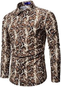 Snakeskin Long Sleeve Shirts Men's Casual Print Disco Button Down Shirt (Color: 2, size: XS)