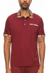 Checkered Plaid Short Sleeve Ploto Shirt (Color: Burgundy, size: L)