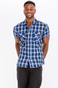 Mens Checkered Button Down Shirt (Color: Blue, size: 2XL)