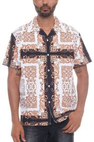 Mens Collared Print Button Down (Color: WHITE GOLD, size: L)