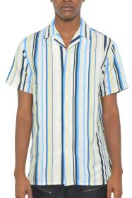 Mens Short Sleeve Button Down (Color: BLUE YELLOW, size: L)